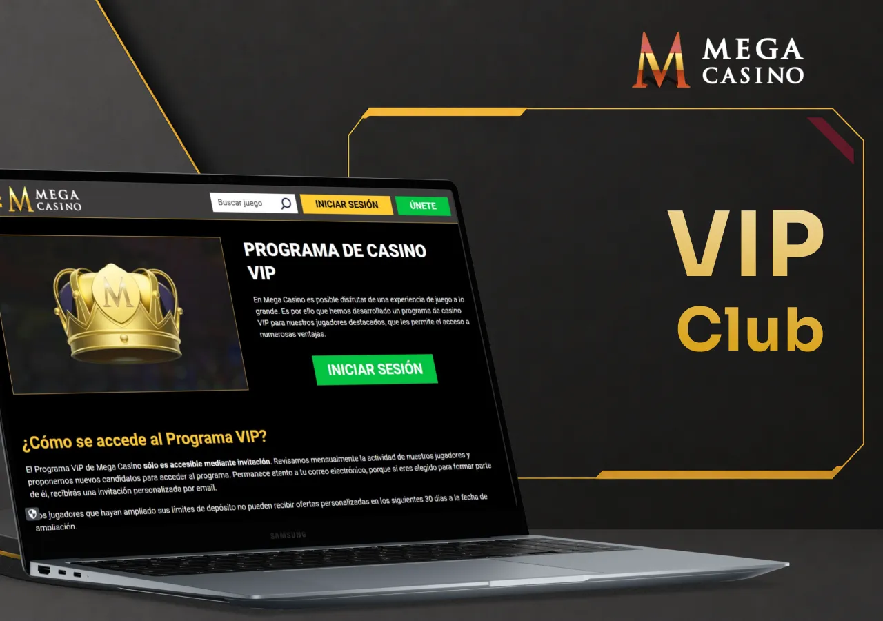 Portátil con la sección del club VIP de Mega Casino y sus beneficios exclusivos.