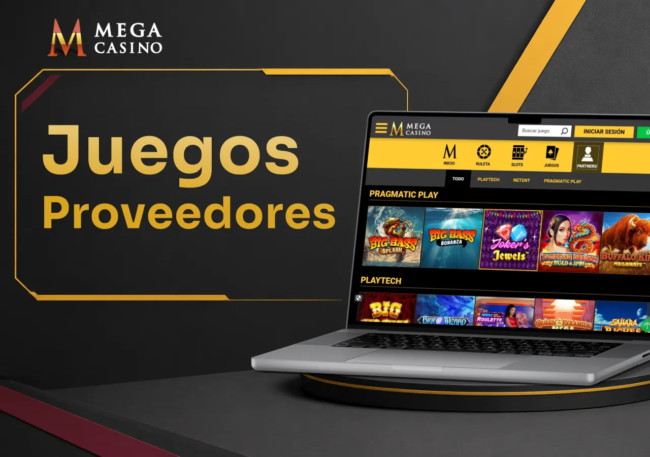 Portátil con los proveedores Playtech, NetEnt y Pragmatic Play junto a sus juegos.