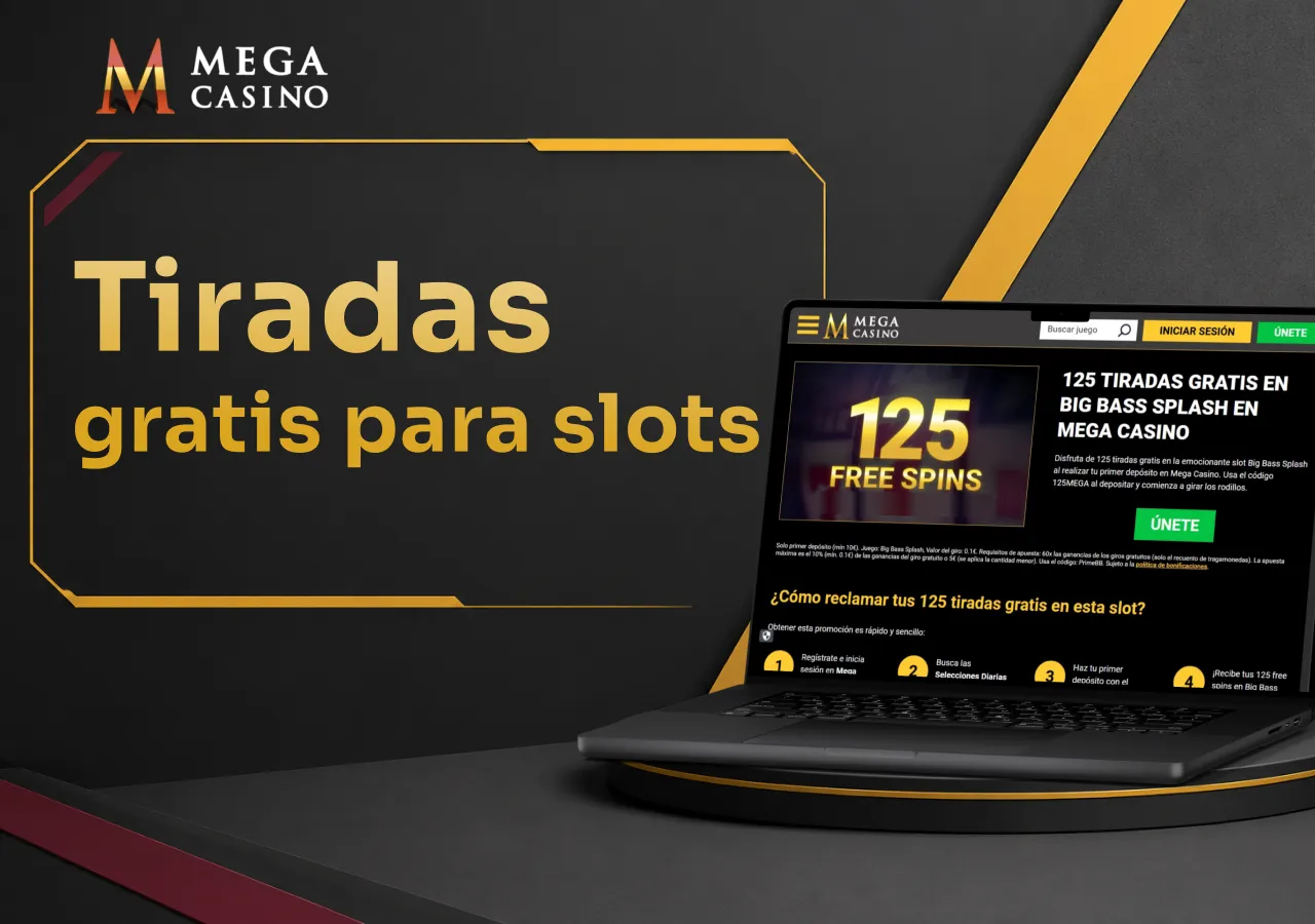 Portátil con los bonos de giros gratis para tragamonedas disponibles en Mega Casino.